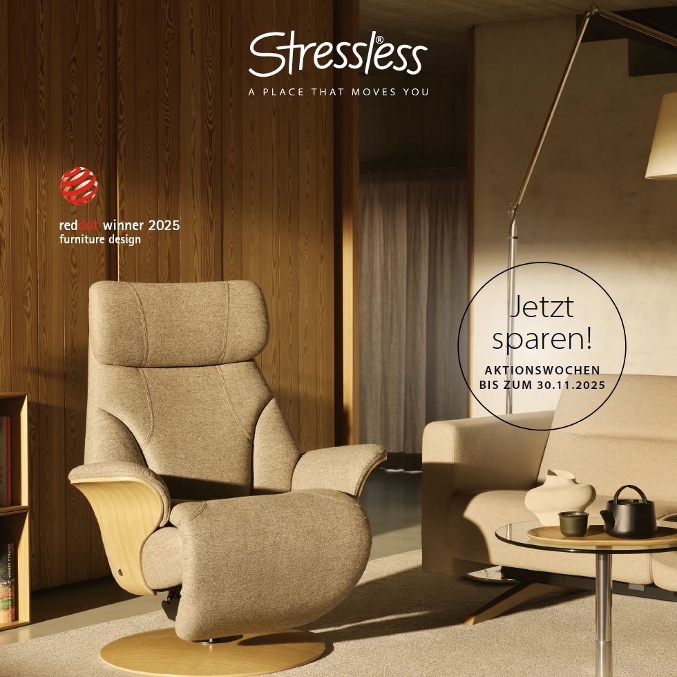 Cover vom aktuellen Stressless-Katalog. Zeigt ein Bild von einem Sessel.