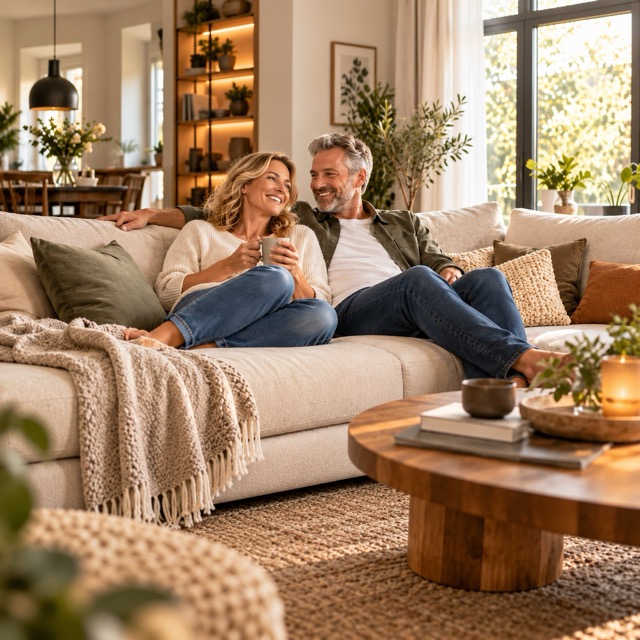 Das Bild zeigt ein modernes Wohnzimmer mit großen Fenstern, die viel natürliches Licht hereinlassen. Im Vordergrund befindet sich ein elegantes Ledersofa in einem warmen Braunton, begleitet von einem passenden Fußhocker. Auf dem Sofa liegen grüne Dekokissen, und ein kleiner Beistelltisch mit einer Blumenvase und einigen dekorativen Gegenständen steht davor. Im Hintergrund sind ein hoher Kaktus, weitere Zimmerpflanzen und ein gerahmtes Bild zu sehen, das lässig an die Wand gelehnt ist. Die helle und minimalistische Einrichtung wird durch die Aussicht ins Freie, die durch die großen Fenster sichtbar ist, ergänzt.