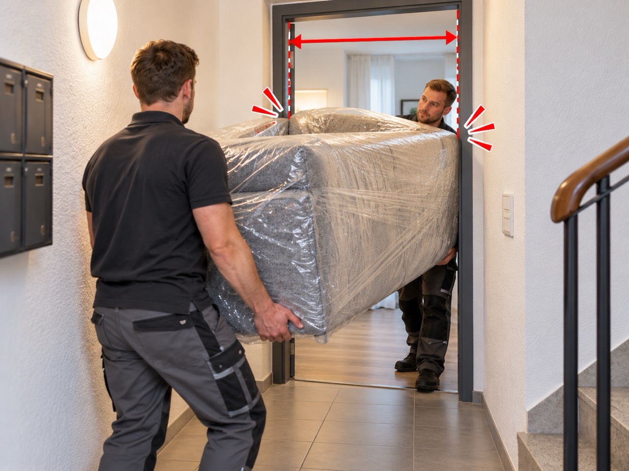 Zwei Personen tragen ein Sofa durch den Flur doch der Zugangsweg ist zu knapp.