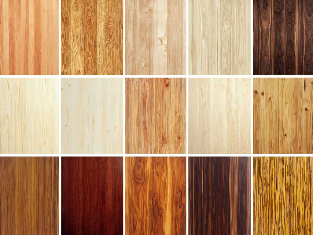 Eine Auswahl verschiedener Holzarten in Feldern dargestellt. Die Holzmuster variieren in Farbe und Maserung, von hellen bis dunklen Tönen, und zeigen die natürliche Vielfalt und Schönheit unterschiedlicher Holzsorten: Buche, Eiche, Ahorn, Eche, Nussbaum, Fichte, Tanne, Lärche, Birke, Kiefer, Teak, Mahagoni, Akazie, Palisander, Zabrano.