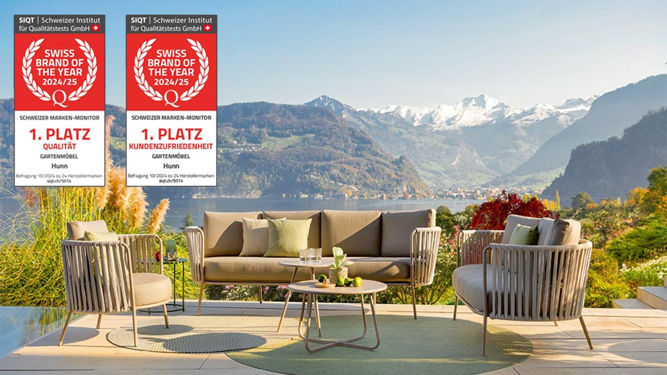 Gartenlounge «GRANADA» von Hunn Gartenmöbel mit Logo "SWISS BRAND OF THE YEAR"